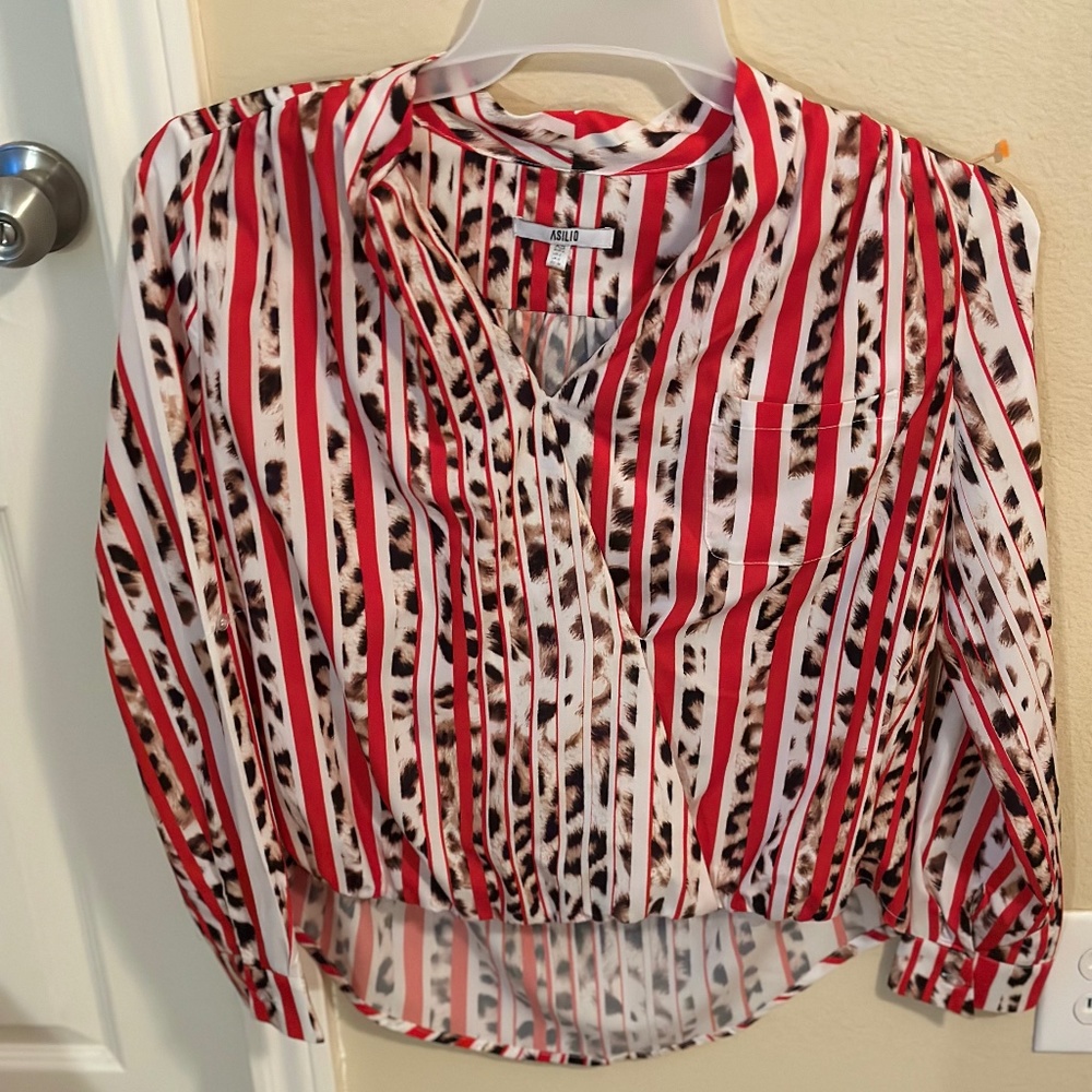 Asilio animal print red white striped blouse size US 2 XS